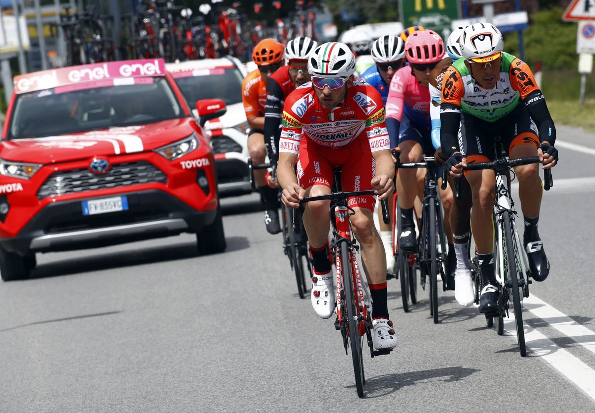 Marco Frapporti (Androni Giocattoli) leads the break of the day on dry roads later in the stage
