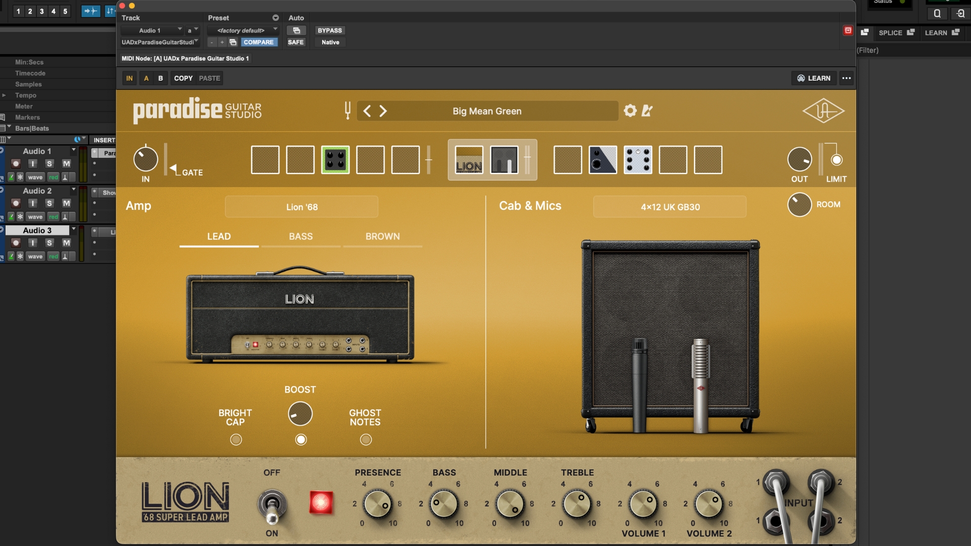 The Big Mean Green preset on the Universal Audio Paradise Guitar Studio plugin