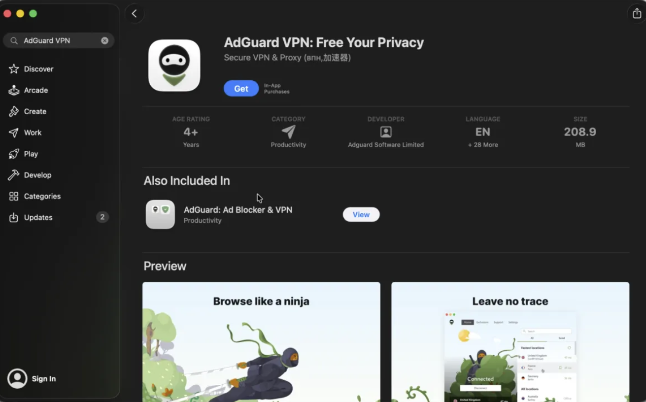 AdGuard VPN app listing on the Mac App Store