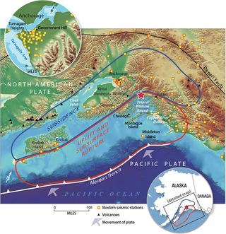 Map of Alaska showing the areas of uplift and subsidence following the 1964 earthquake.