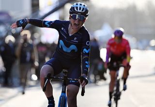 Dutch Annemiek van Vleuten of Movistar Team celebrates after winning the womens elite race of the Omloop Het Nieuwsblad oneday cycling race 1284km from Gent to Ninove on February 26 2022 Belgium OUT Photo by JASPER JACOBS various sources AFP Belgium OUT Photo by JASPER JACOBSBelgaAFP via Getty Images