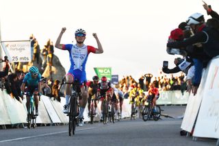 MONCHIQUE PORTUGAL FEBRUARY 17 David Gaudu of France and Team Groupama FDJ celebrates at finish line as stage winner during the 48th Volta Ao Algarve 2022 Stage 2 a 1824km stage from Albufeira to Alto Da Foia Monchique 890m VAlgarve2022 on February 17 2022 in Monchique Portugal Photo by Luc ClaessenGetty Images