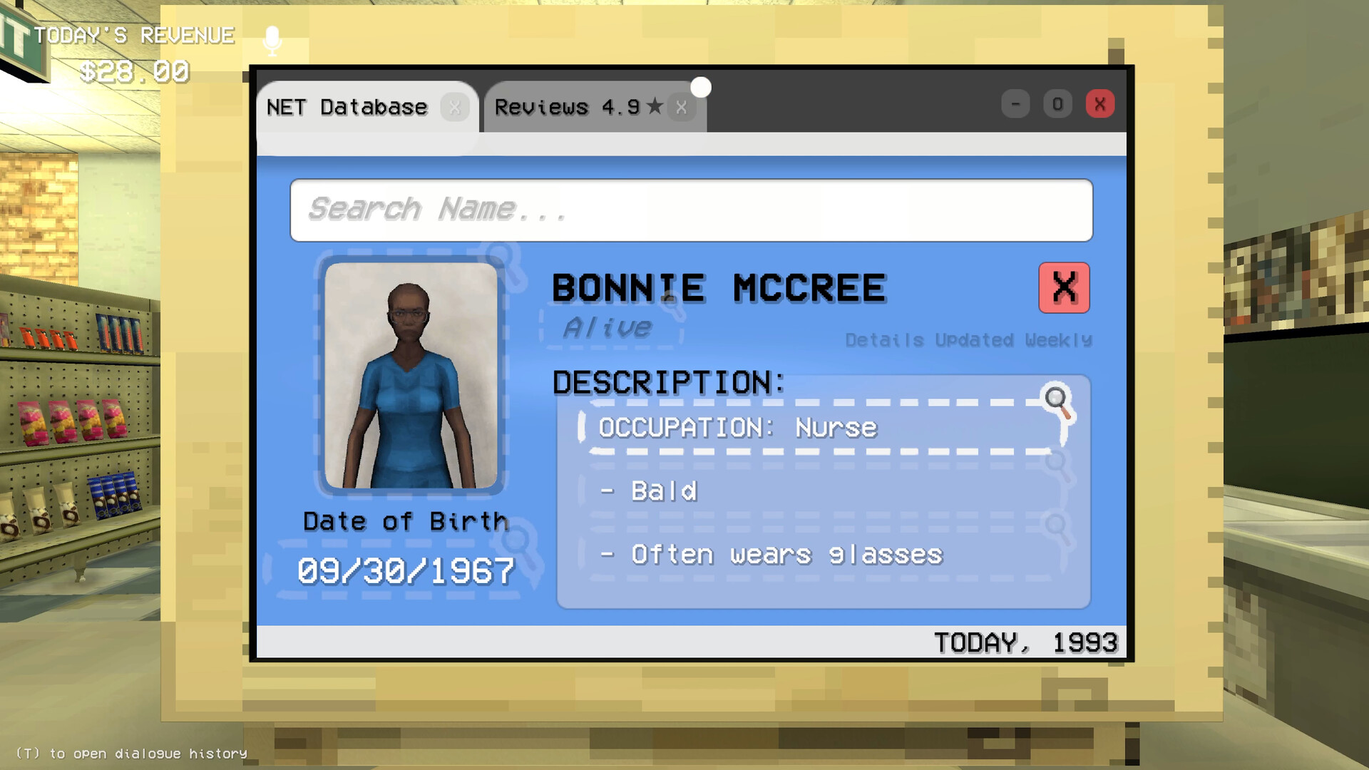 Digital profile of Bonnie McCree, a bald nurse born on September 30, 1967, displayed on a computer screen.