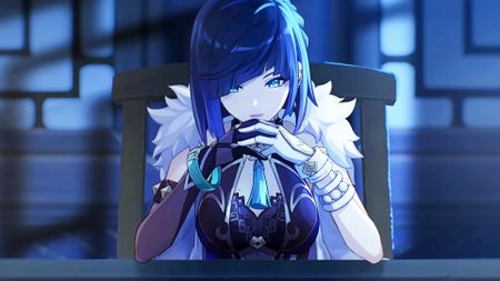 New Genshin Impact character Yelan stares at the screen from behind a table