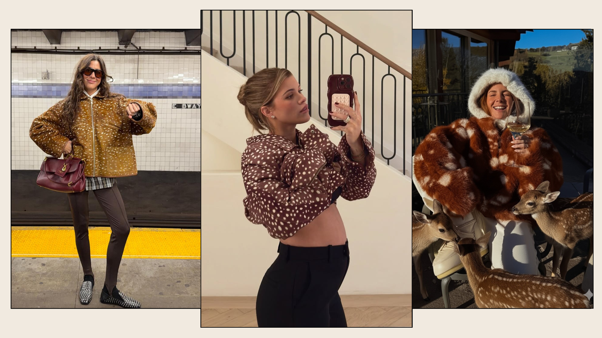 Three fashion people wear the deer-print trend. 