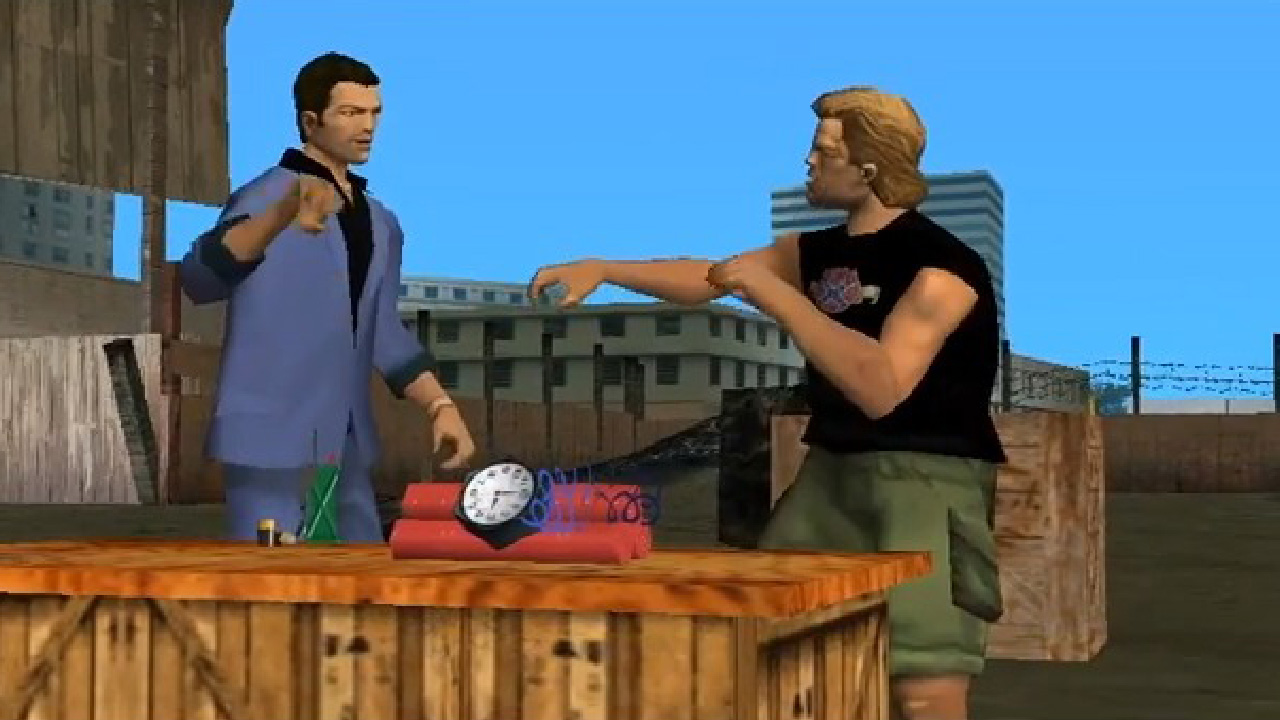 Tommy meets Phil near some dynamite in GTA Vice City