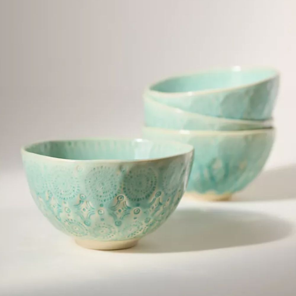 set of four mint green glazed bowls for soup or cereal