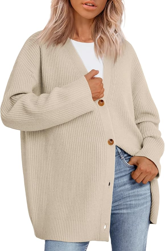 LILLUSORY, Lillusory Women Oversized Cardigan Sweater 2025 Fall Outfits Cloth Fashion V Neck Knit Button Front Casual Trendy Tops Apricot Medium