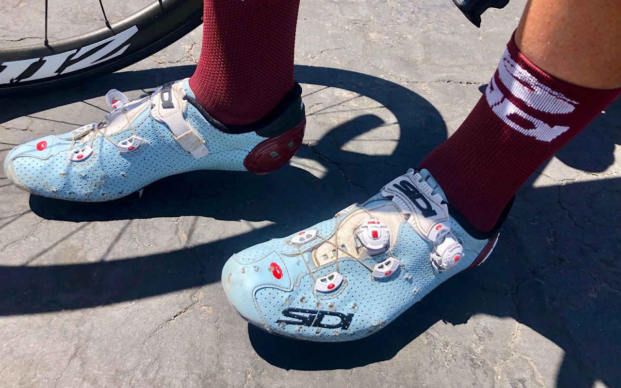 A Katusha-Alpecin rider looks to have taken a drill to his team-issue Sidi Shot shoes in an attempt to improve ventilation