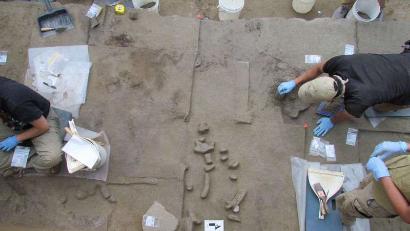 A photo of a rocky excavation site, with light brown rock covered in tools and signs. 