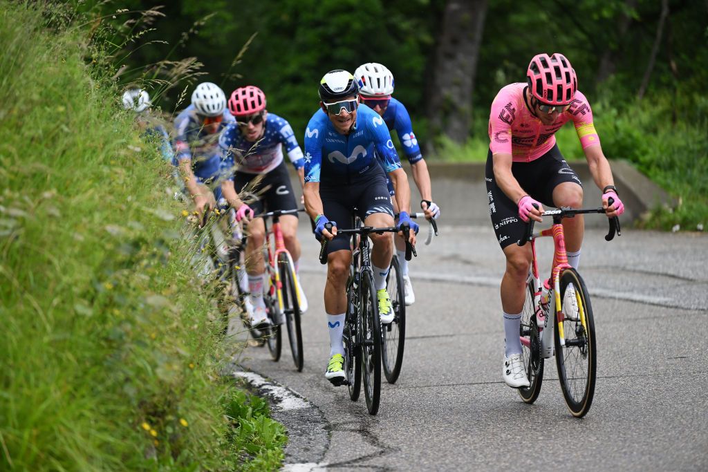 SAMOENS FRANCE Davide Formolo (Movistar) and Jonas Rutsch (EF Education-EasyPost) in the breakaway