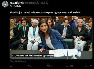 A post that reads: OH DAMN The FTC just voted to ban non-compete agreements nationwide:
