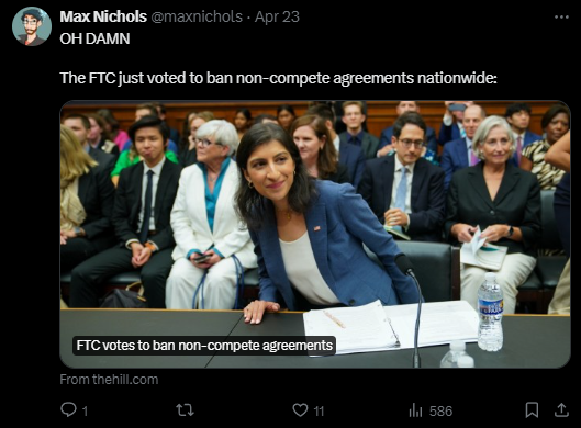 A post that reads: OH DAMN  The FTC just voted to ban non-compete agreements nationwide:
