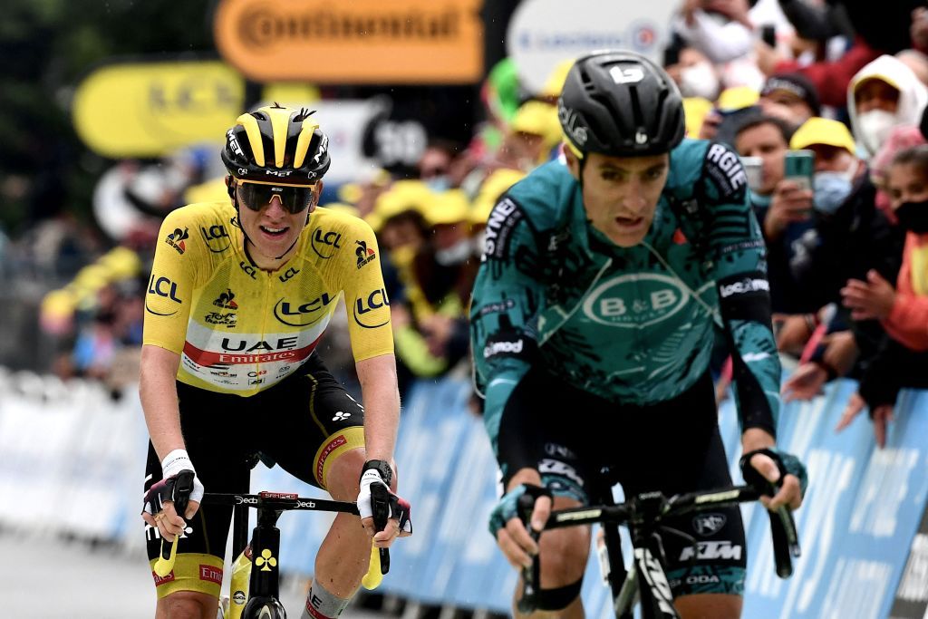 Franck Bonnamour (B&amp;B Hotels) leads Tour de France leader Tadej Pogacar to the line on stage 9