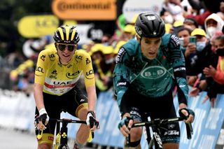 Franck Bonnamour (B&B Hotels) leads Tour de France leader Tadej Pogacar to the line on stage 9