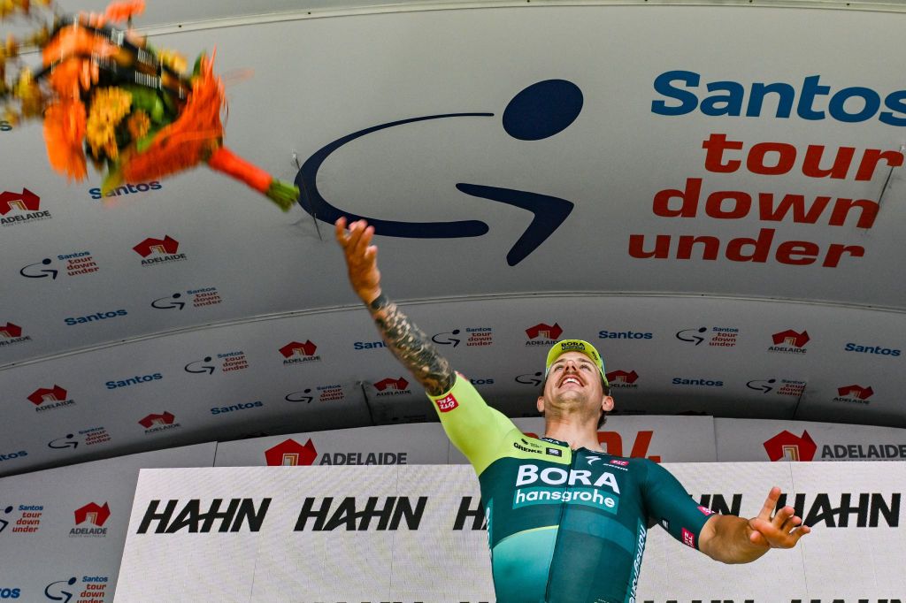 Bora-Hansgrohe rider Sam Welsford celebrates after winning stage 4