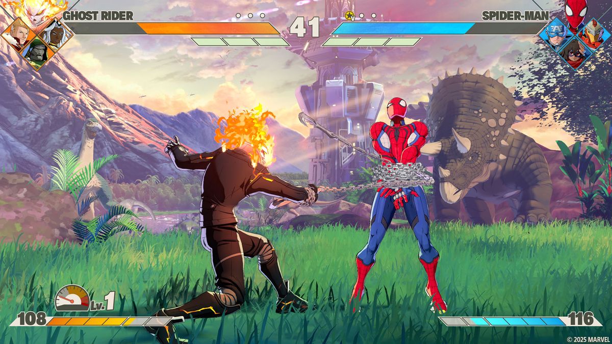 Ghost Rider and Spider-Man fight in Marvel Tokon: Fighting Souls as Ghost Rider wraps Spidey in chains