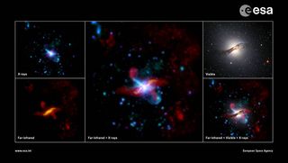 A look at the giant elliptical galaxy Centaurus A in multiple wavelengths of light. Clear correlation is seen between the jet features at far-infrared wavelengths and how they interact with their surroundings in the visible light view. Scientists think Centaurus A formed after a merger between two smaller galaxies long ago.