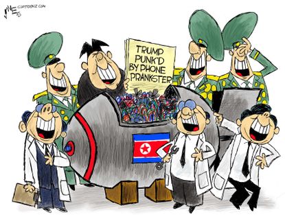 Political Cartoon U.S. Trump Kim North Korea summit prank call