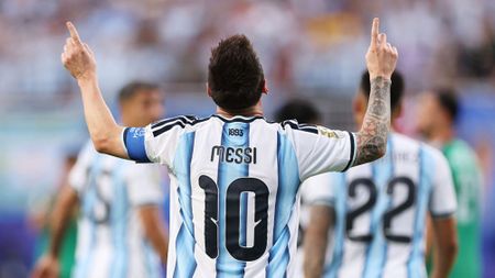 JUNE 16: Lionel Messi #10 of Argentina celebrates scoring his team's first goal during the FIFA World Cup 2026 Group J match.