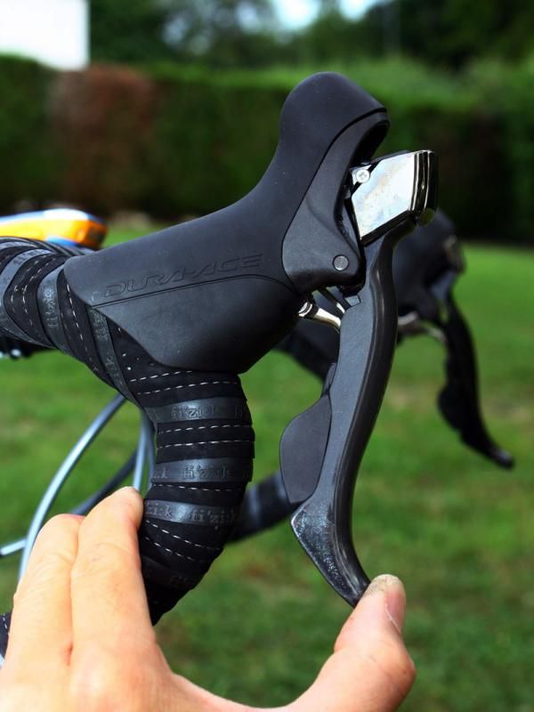 Team mechanics leave a lot of room between the brake pads and rim on Farrar's bike to account for wheel flex when sprinting.