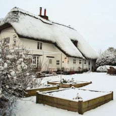 A raised vegetable bed in a snowy cottage garden in December