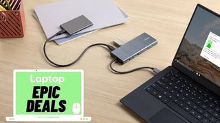 Anker power bank, usb-c docking station connected to a laptop.