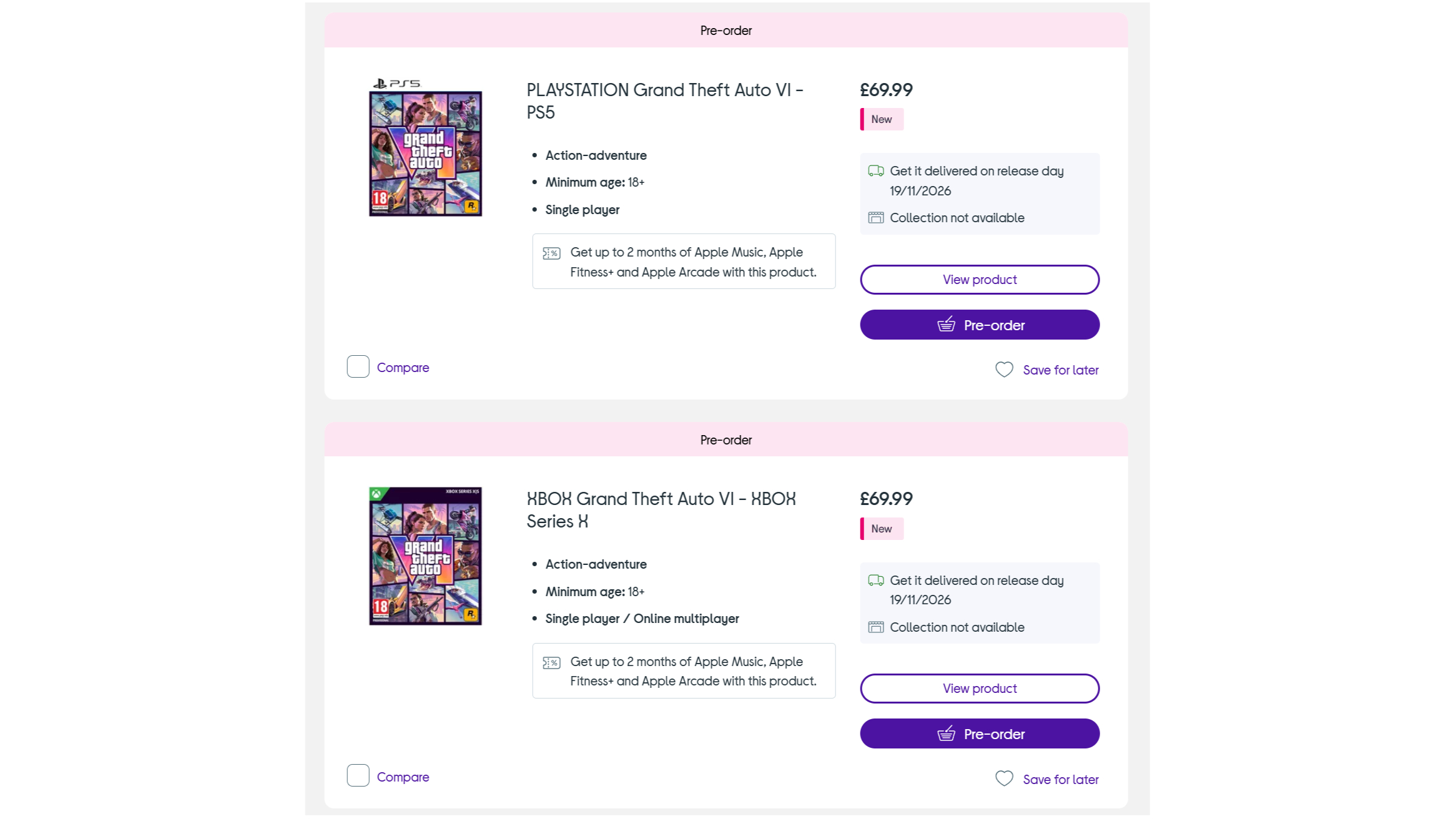 Currys GTA 6 pre-order listings on a white background