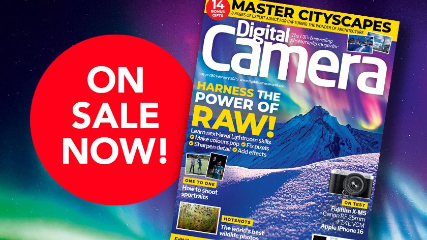 Front cover of issue 290 (February 2025) of Digital Camera magazine and a red blob that reads &#039;On sale now!&#039;