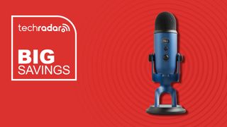 Blue Yeti USB Microphone against a red TechRadar deals background