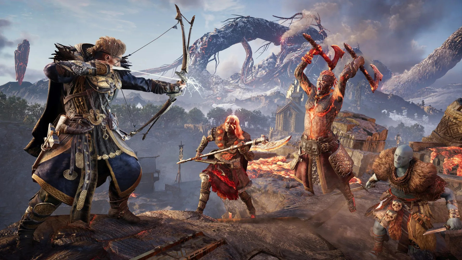 Havi fighting fiery enemies in Assassin's Creed Valhalla: Dawn of Ragnarok