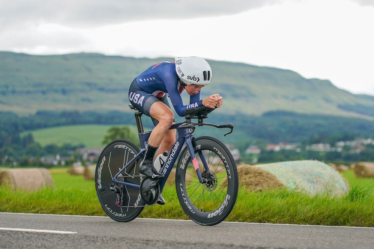Picture by Zac Williams/SWpix.com - 10/08/2023 - Road Cycling - 2023 UCI Cycling World Championships - Stirling, Scotland - Women&acirc;s Elite Time Trial - Lauren Stephens of USA competing in the Women's Elite Time Trial