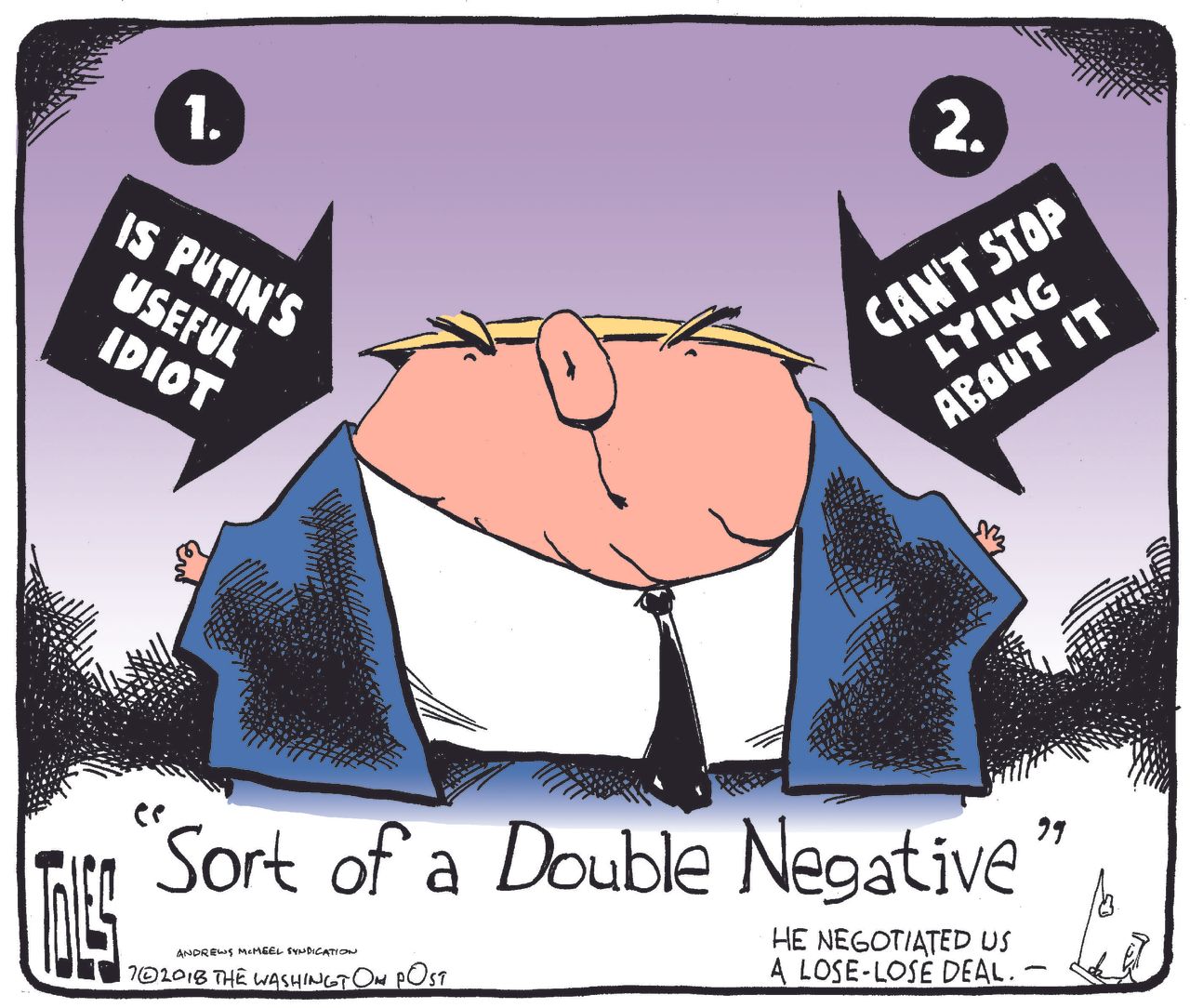 Political cartoon U.S. Trump Putin Helsinki summit double negative lying deal