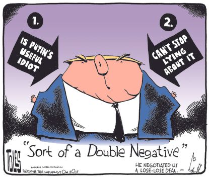 Political cartoon U.S. Trump Putin Helsinki summit double negative lying deal