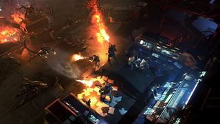 Promotional screenshot of Colonial Marines fighting Xenomorphs in Aliens: Dark Descent