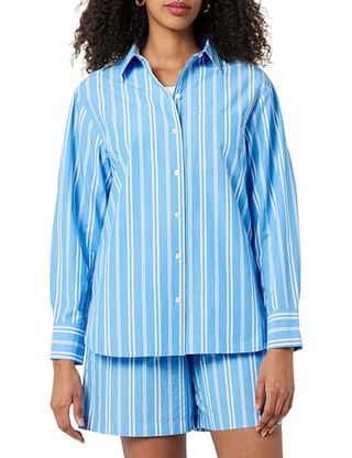 The Drop Women's Kendra Loose Fit Long Shirt, Blue/white Double Stripe, S