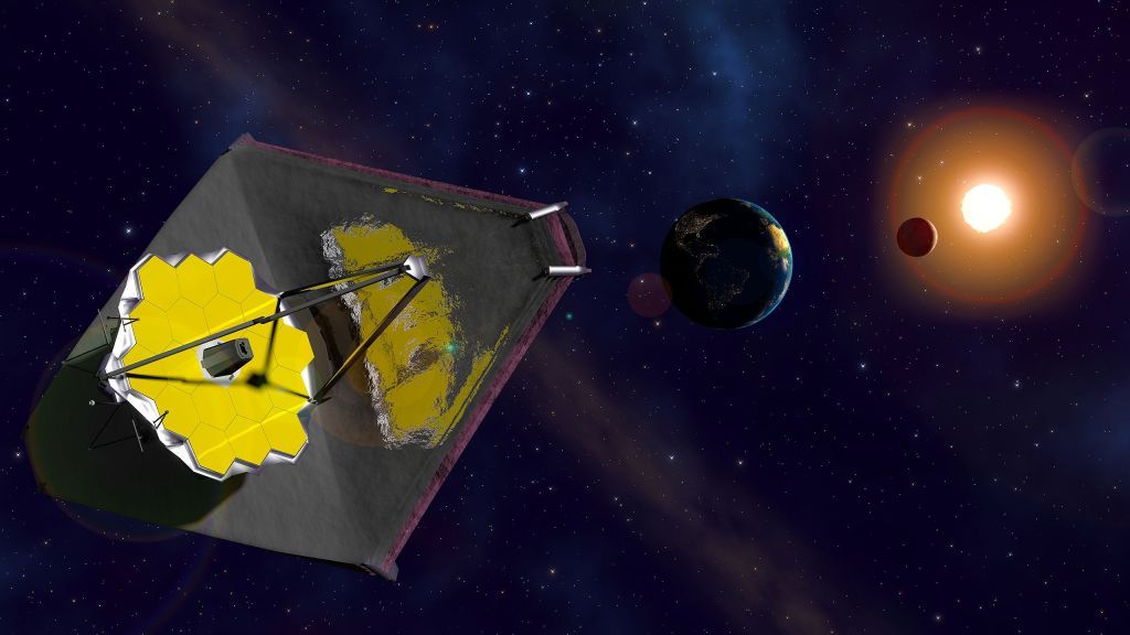 artist&#039;s impression of james webb space telescope in space next to earth. a planet is nearby the sun in the far right of the image