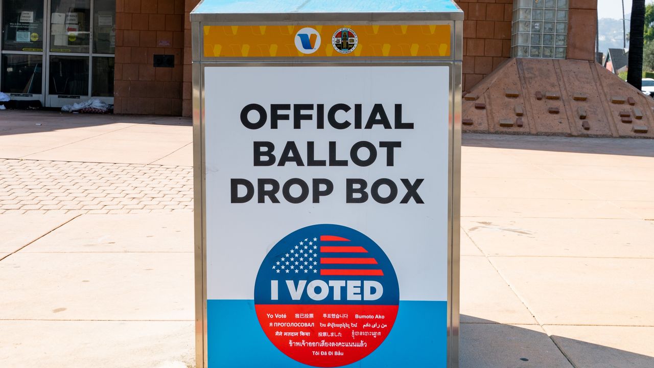 HOLLYWOOD, CA - OCTOBER 06: A newly installed Ballot Drop Box for the General Election in California is seen at the Will &amp; Ariel Durant Branch of the Los Angeles Public Library on October 06, 2020 in Hollywood, California. (Photo by AaronP/Bauer-Griffin/GC Images)