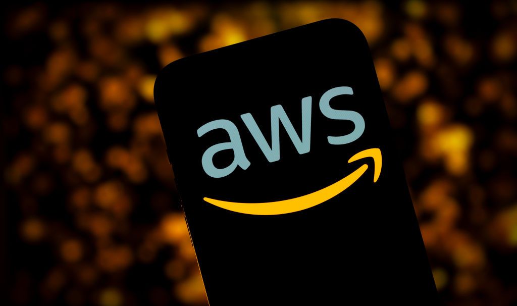 AWS logo displayed on a smartphone with dark background