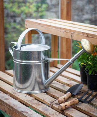 galvanized watering can from garden trading next to a trowel and fork