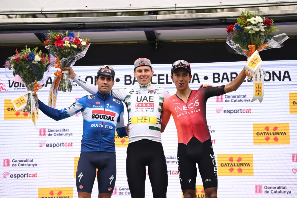 BARCELONA SPAIN MARCH 24 LR Mikel Landa of Spain and Team Soudal Quick Step on second place race winner Tadej Pogacar of Slovenia and UAE Emirates Team Green Leader Jersey and Egan Bernal of Colombia and Team INEOS Grenadiers on third place pose on the podium ceremony after the 103rd Volta Ciclista a Catalunya 2024 Stage 7 a 1453km stage from Barcelona to Barcelona UCIWT on March 24 2024 in Barcelona Spain Photo by David RamosGetty Images