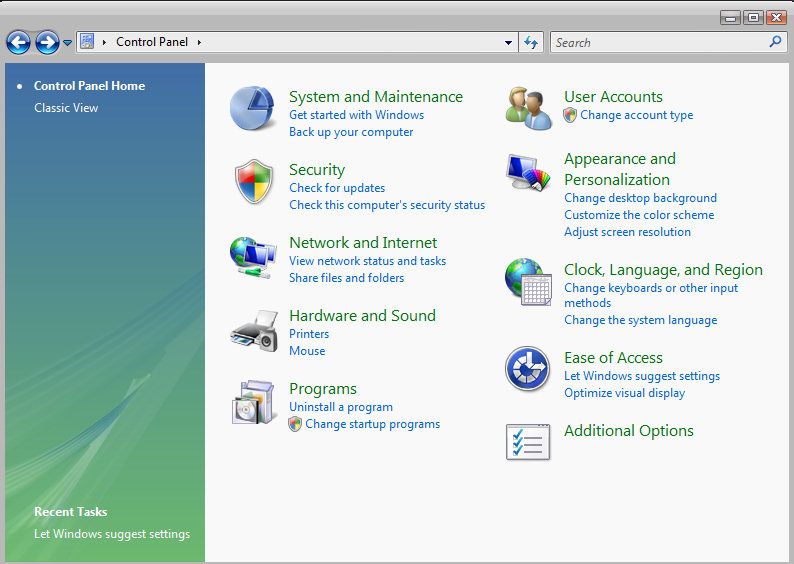 Windows Vista Control Panel