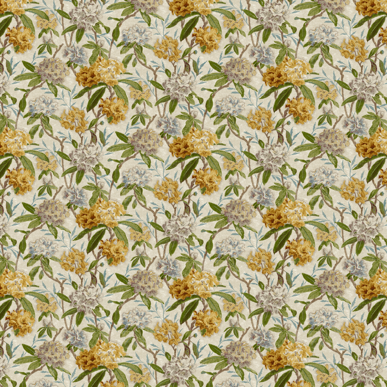 A yellow, white, and green floral textile print by Zoffany. 