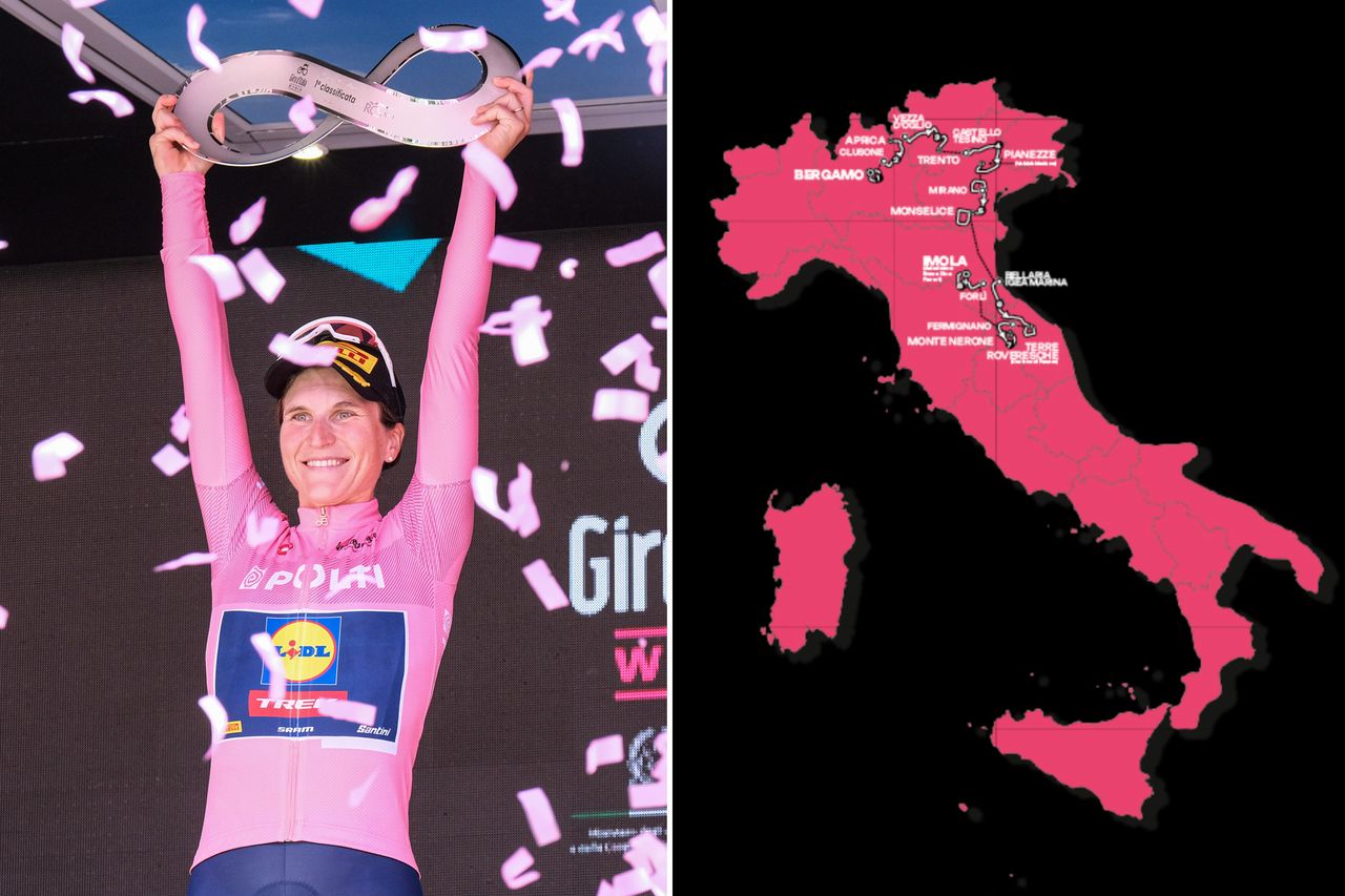 Elisa Longo Borghini lifting a trophy alongside a route map of the 2025 Giro d&#039;Italia Women