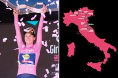 Elisa Longo Borghini lifting a trophy alongside a route map of the 2025 Giro d'Italia Women