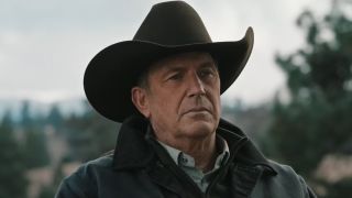 A screenshot of Kevin Costner looking serious in Yellowstone.