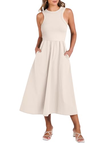 Anrabess Womens 2025 Summer Casual Maxi Dress a Line Tiered Flowy Short Sleeve Crewneck T Shirt Beach Travel Long Dresses Beige Small