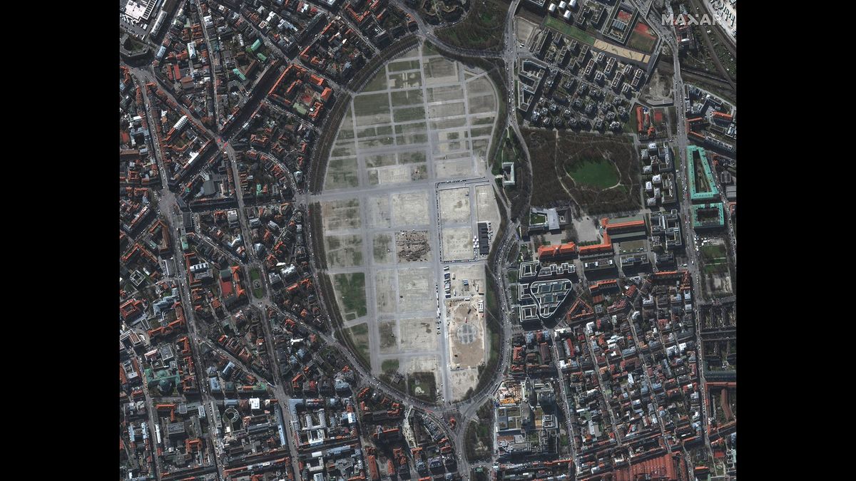 A drive-through coronavirus testing area is set up at the Oktoberfest beer festival ground in Munich, on March 19, 2020.
