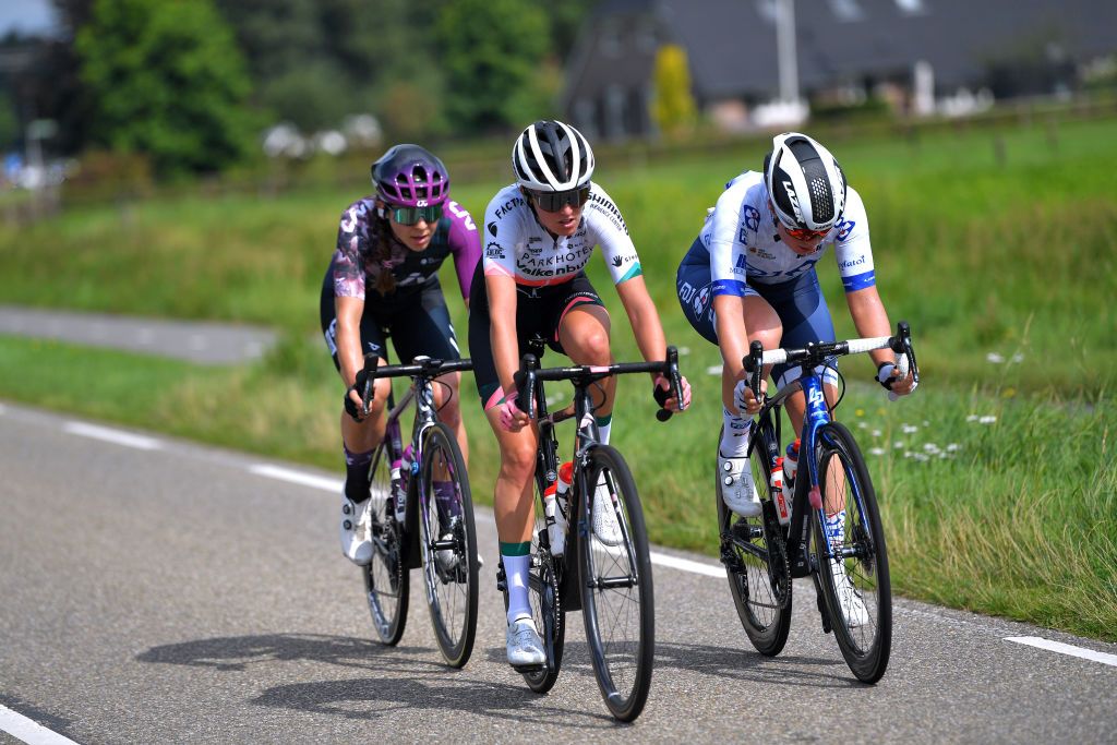 HARDENBERG NETHERLANDS AUGUST 25 LR Alison Jackson of Canada and Team Liv Racing Nina Buysman of Netherlands and Team Parkhotel Valkenburg and Malle Grossetete of France and Team FDJ Nouvelle Aquitaine Futuroscope in the Breakaway during the 23rd Simac Ladies Tour 2021 Stage 1 a 1344km stage from Zwolle to Hardenberg SLT2021 UCIWWT on August 25 2021 in Hardenberg Netherlands Photo by Luc ClaessenGetty Images