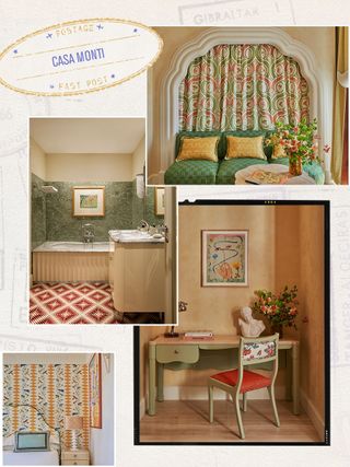 A collage of four images depicting the colorful interiors of Casa Monti hotel in Rome.